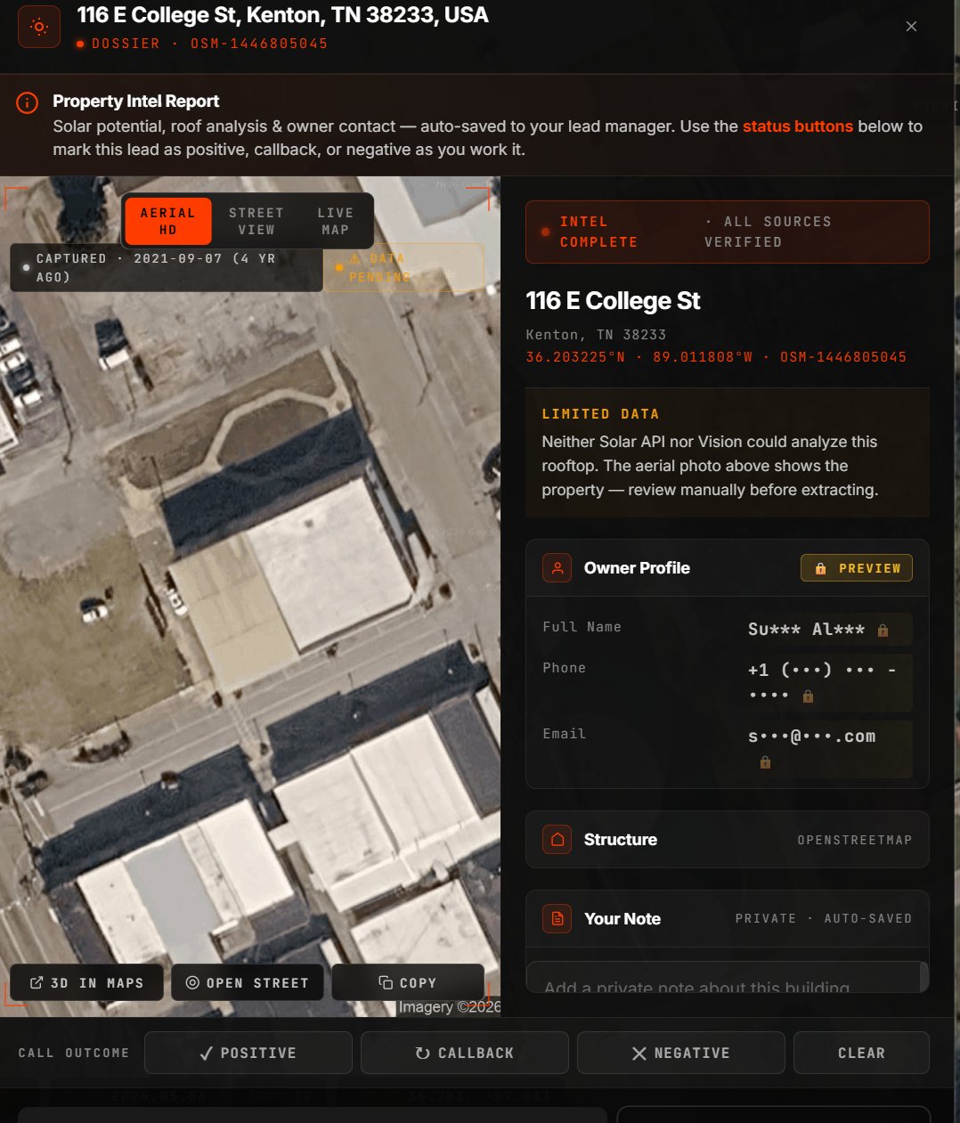 HiziX dossier for a non-rooftop-suitable property — verified homeowner contact ready for community solar subscription enrollment