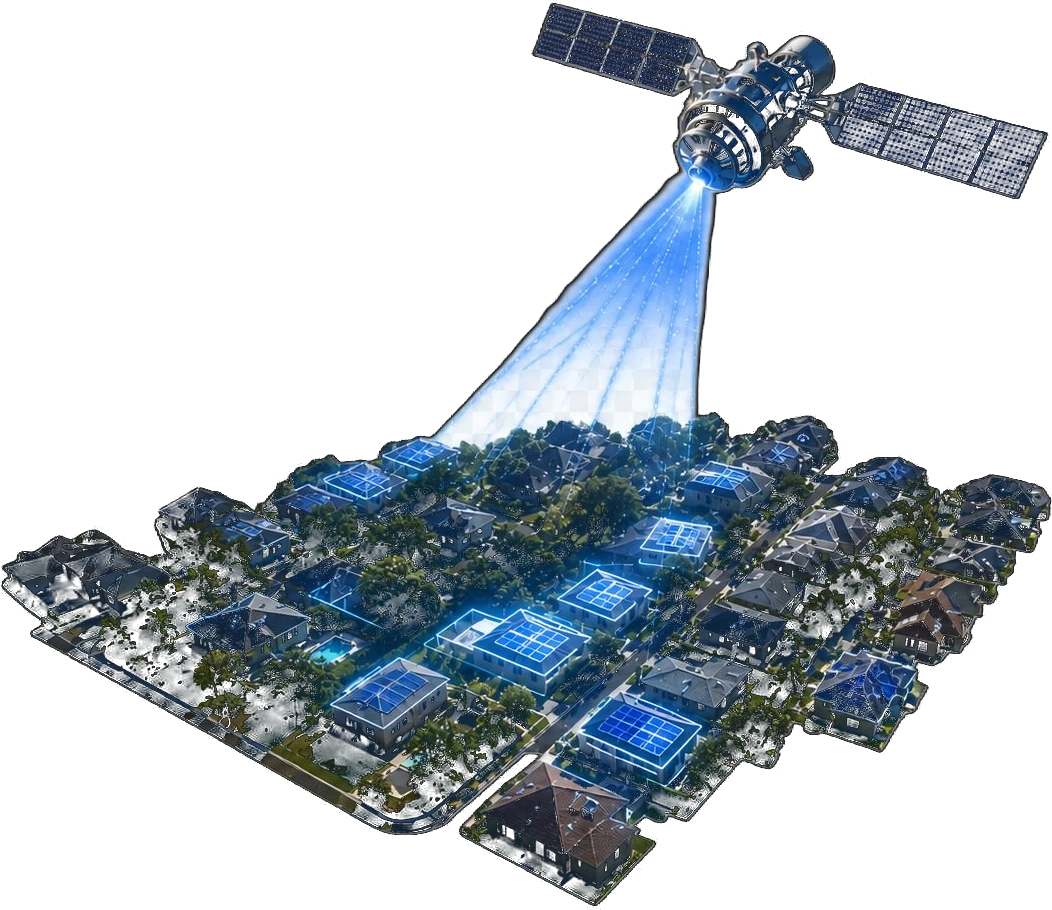 HiziX satellite scanning a residential neighborhood — AI identifies solar-ready rooftops